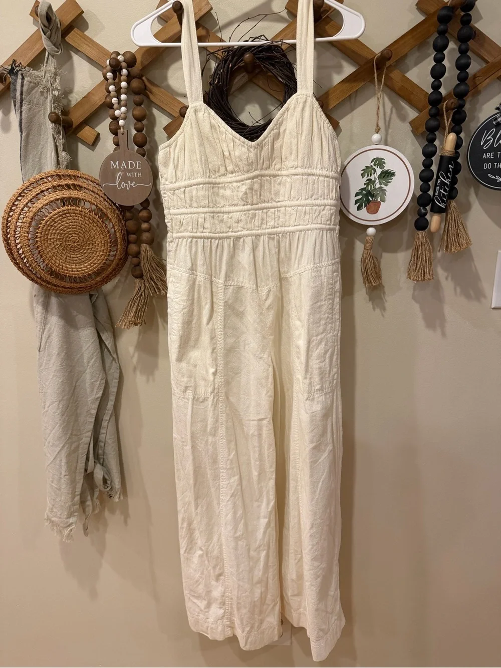 Free People Cream Textured Cotton Jumpsuit
